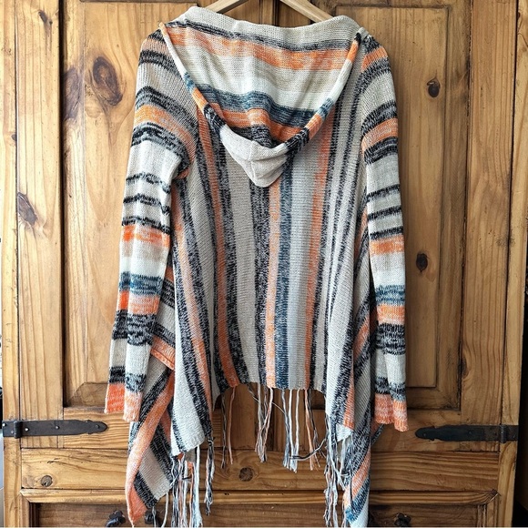 Poof Striped Knit Fringe Cardigan Sweater with Hoodie Cream Black Orange - Large - Picture 2 of 11